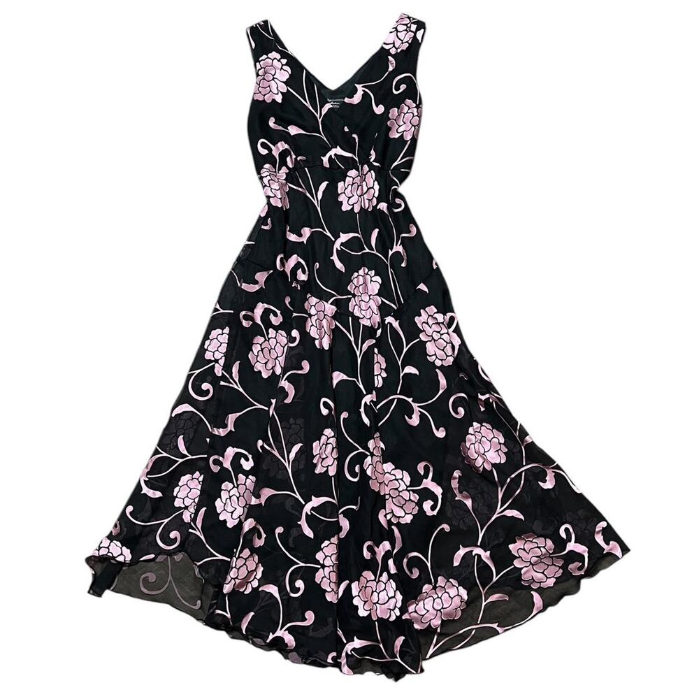 VTG Y2K Dressbarn Black & Pink Whimsy Floral Burnout Fairycore Midi Dress 10/M